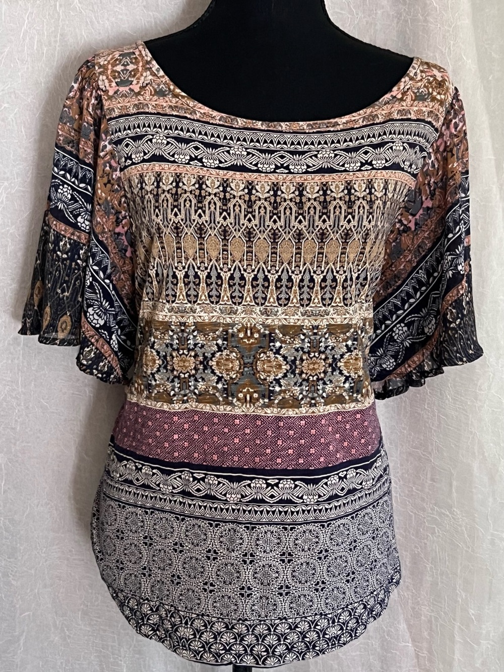 Lucky Brand Mixed-Print Scoop Neck Blouse in Black, Pink & Tan